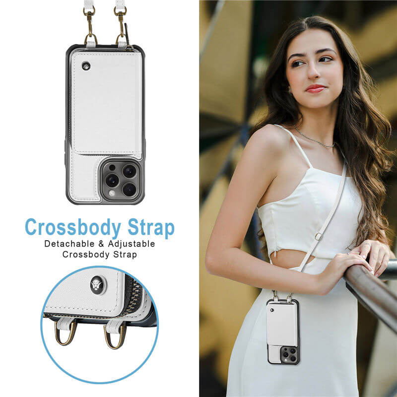 JEEHOOD iPhone 16 Pro Zipper Wallet RFID Blocking Case with Wrist Strap