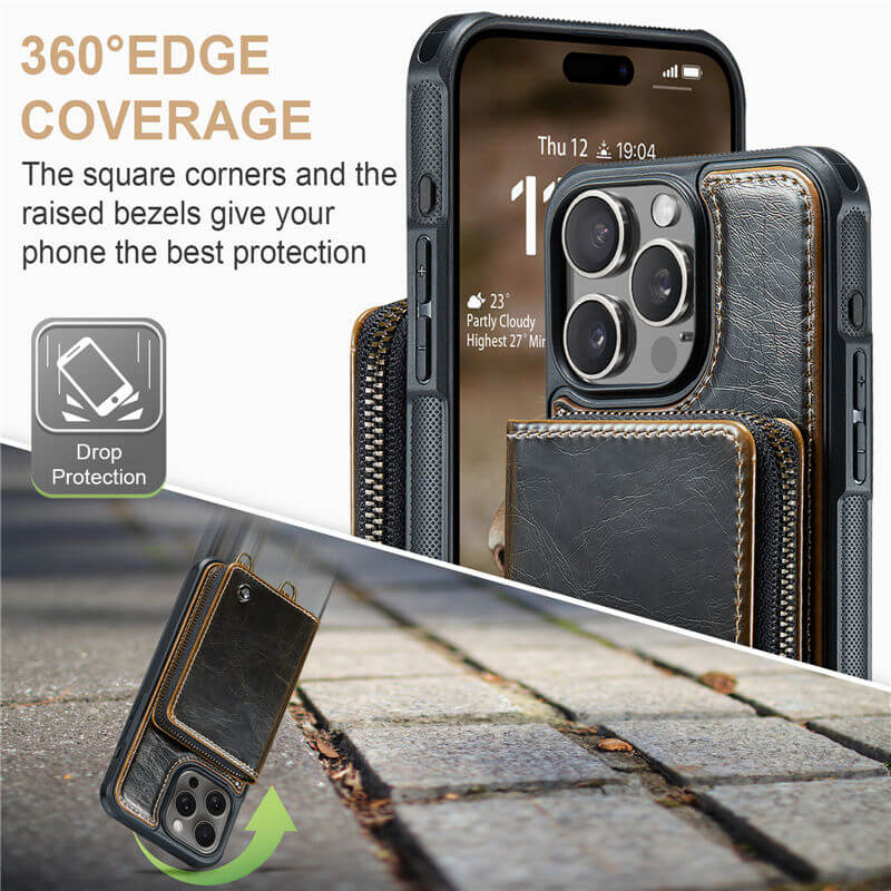 JEEHOOD iPhone 16 Pro Max Zipper Wallet RFID Blocking Case with Wrist Strap