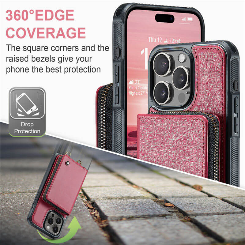JEEHOOD iPhone 16 Pro Zipper Wallet RFID Blocking Case with Wrist Strap