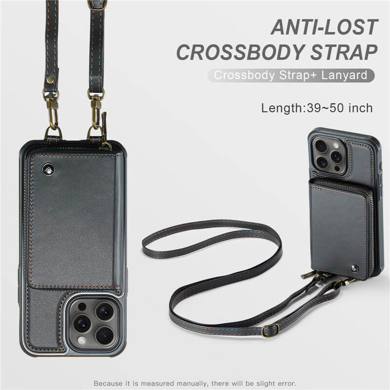 JEEHOOD iPhone 16 Pro Max Zipper Wallet RFID Blocking Case with Wrist Strap