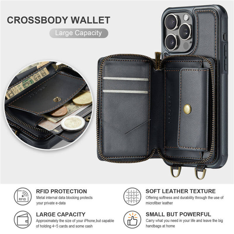 JEEHOOD iPhone 16 Pro Zipper Wallet RFID Blocking Case with Wrist Strap