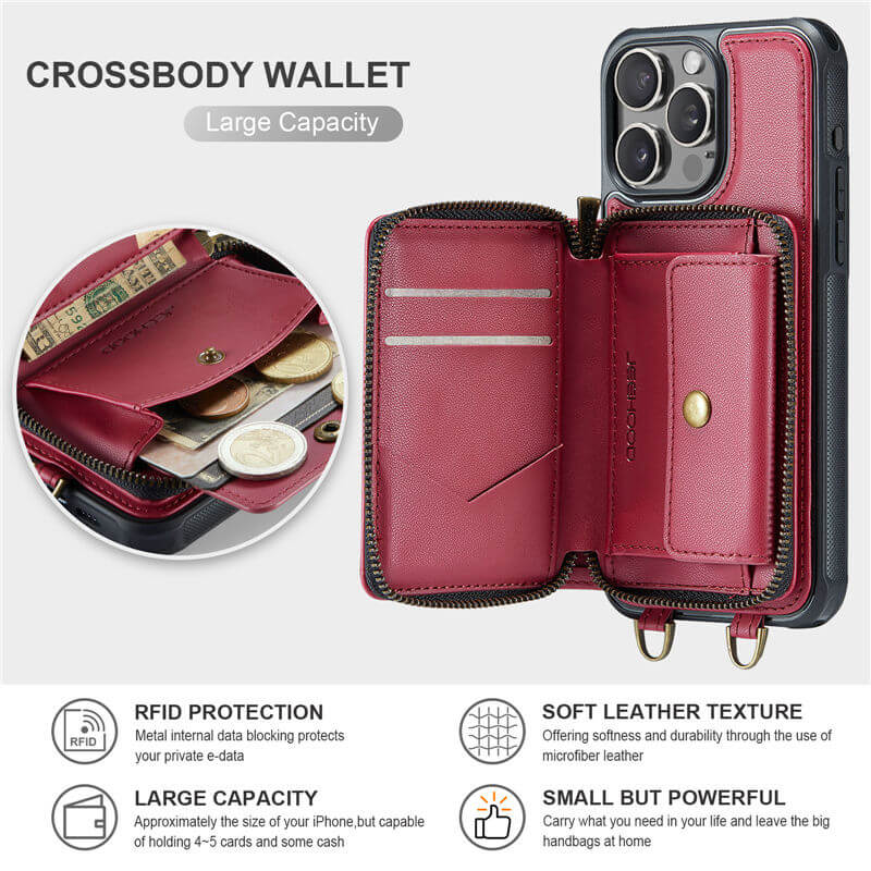JEEHOOD iPhone 16 Pro Max Zipper Wallet RFID Blocking Case with Wrist Strap