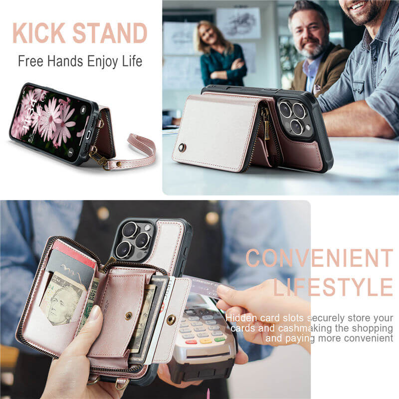 JEEHOOD iPhone 16 Pro Max Zipper Wallet RFID Blocking Case with Wrist Strap