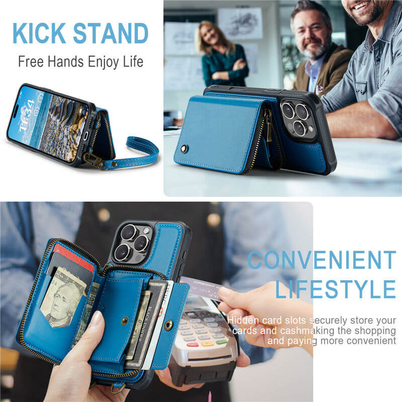 JEEHOOD iPhone 16 Pro Zipper Wallet RFID Blocking Case with Wrist Strap