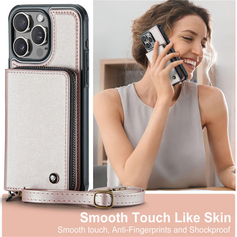 JEEHOOD iPhone 16 Pro Zipper Wallet RFID Blocking Case with Wrist Strap