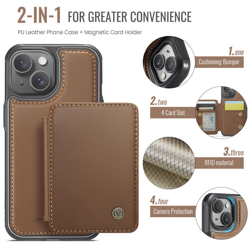 JEEHOOD iPhone 15 Plus Magnetic 2-in-1 Wallet RFID-blocking Case