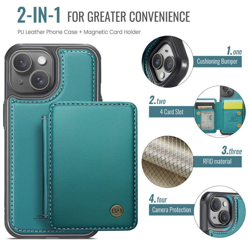 JEEHOOD iPhone 15 Magnetic 2-in-1 Wallet RFID-blocking Case