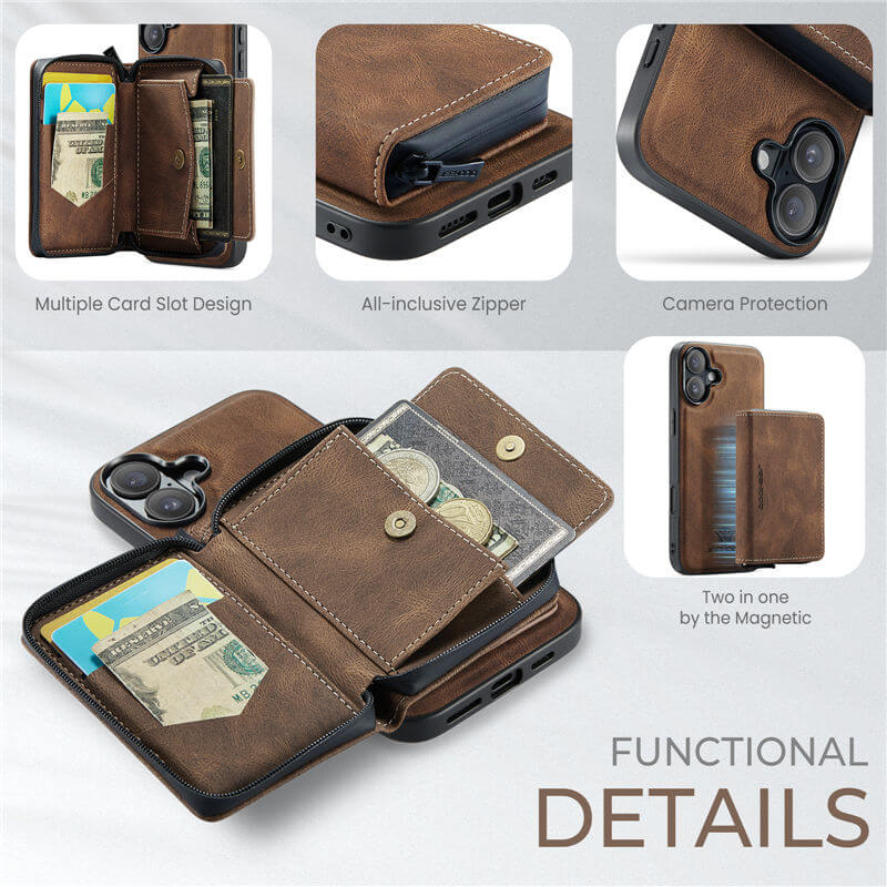 JEEHOOD iPhone 17 Detachable 2-in-1 Zipper Wallet Case
