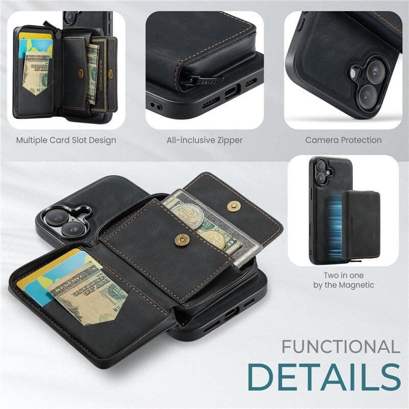 JEEHOOD iPhone 16 Plus Zipper Wallet Case