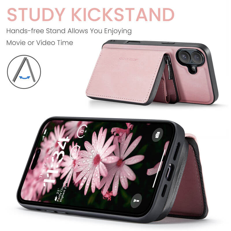 JEEHOOD iPhone 16 Plus Zipper Wallet Kickstand Case