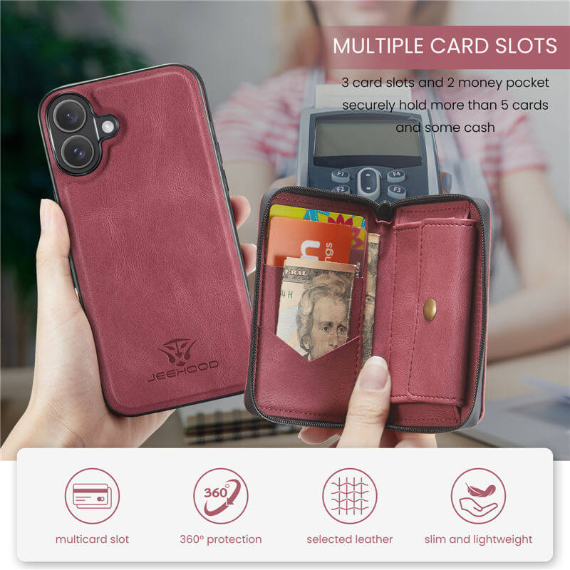 JEEHOOD iPhone 17 Detachable 2-in-1 Zipper Wallet Case