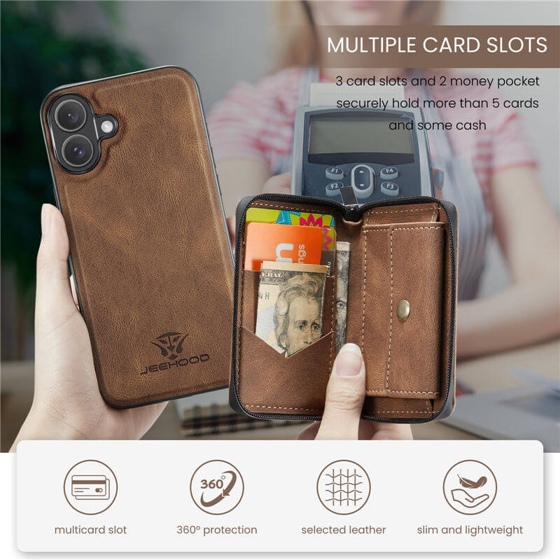 JEEHOOD iPhone 16 Plus Detachable 2-in-1 Zipper Wallet Case