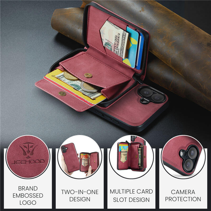 JEEHOOD iPhone 16 Plus Zipper Wallet Case