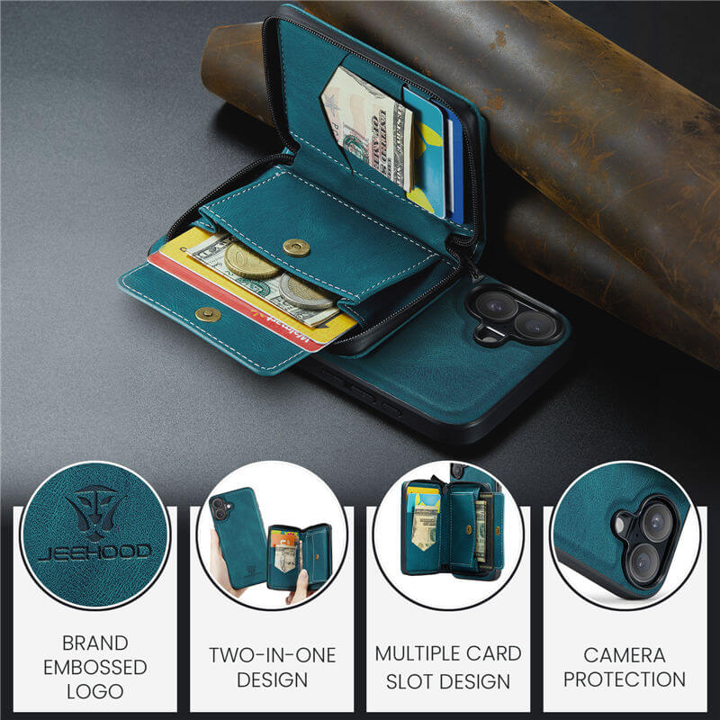 JEEHOOD iPhone 17 Detachable 2-in-1 Zipper Wallet Case