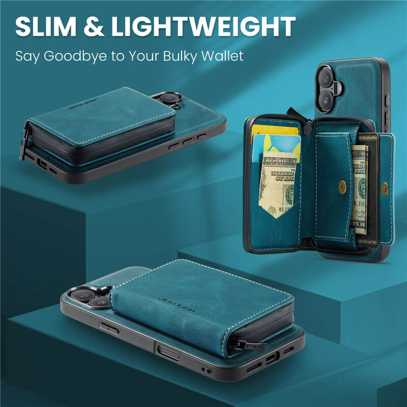 JEEHOOD iPhone 16 Plus Zipper Wallet Case