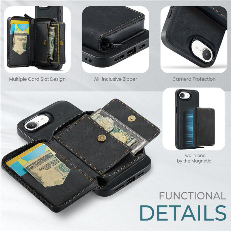 JEEHOOD iPhone 16e Detachable 2-in-1 Zipper Wallet Case