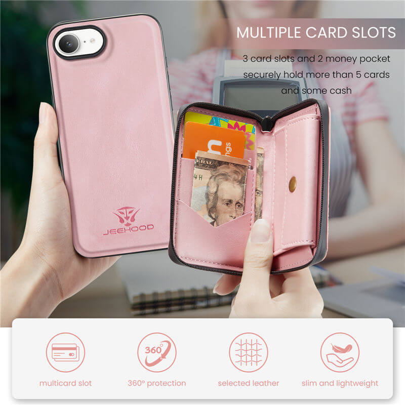 JEEHOOD iPhone 16e Detachable 2-in-1 Zipper Wallet Case