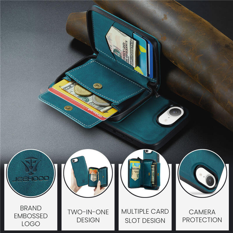 JEEHOOD iPhone 16e Detachable 2-in-1 Zipper Wallet Case