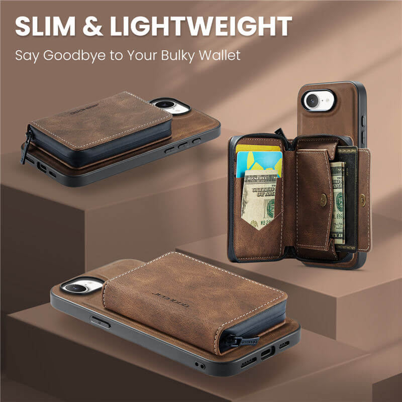 JEEHOOD iPhone 16e Detachable 2-in-1 Zipper Wallet Case