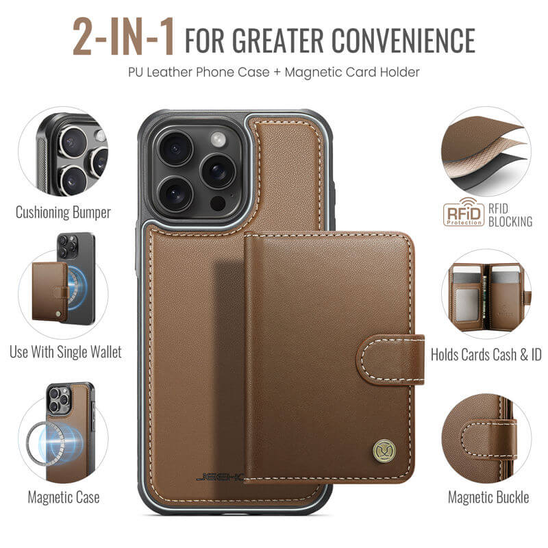 JEEHOOD iPhone 15 Pro 2-in-1 Magnetic Wallet Case