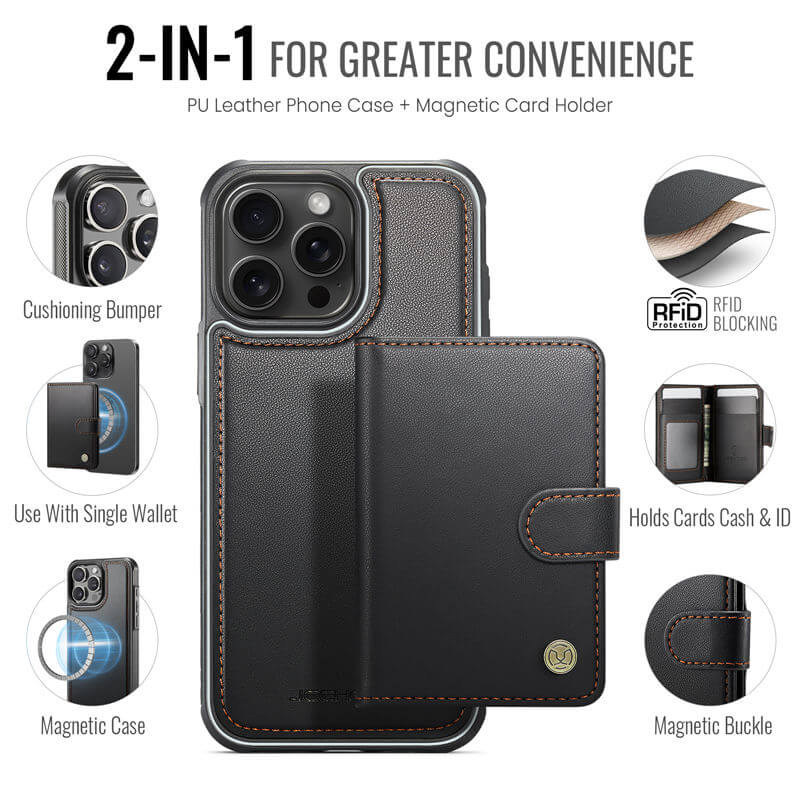 JEEHOOD iPhone 15 Pro Max 2-in-1 Magnetic Wallet Case