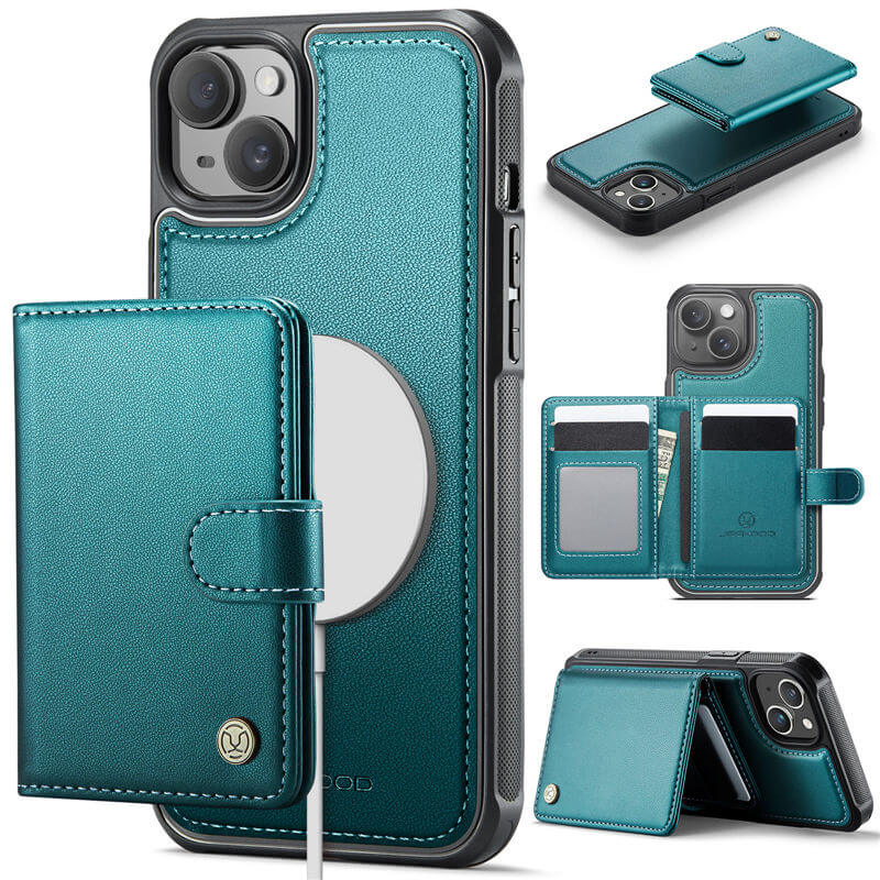 JEEHOOD iPhone 15 2-in-1 Magnetic Wallet Case – Wireless Charging