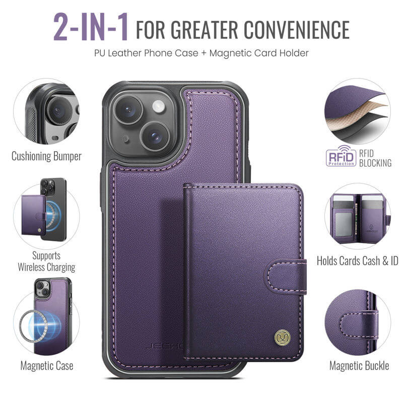 JEEHOOD iPhone 15 Plus 2-in-1 Magnetic Wallet Case