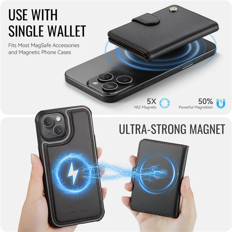 JEEHOOD iPhone 15 Plus 2-in-1 Magnetic Wallet Case