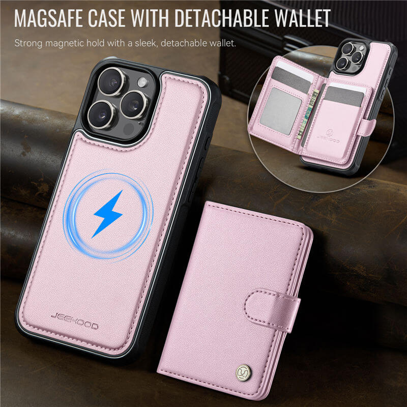JEEHOOD iPhone 16 Pro 2-in-1 Magnetic Wallet Case – Wireless Charging & RFID Blocking