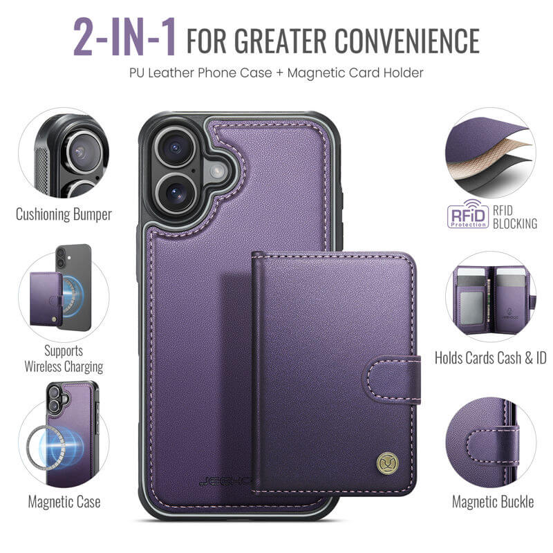 JEEHOOD iPhone 16 Plus 2-in-1 Magnetic Wallet Case