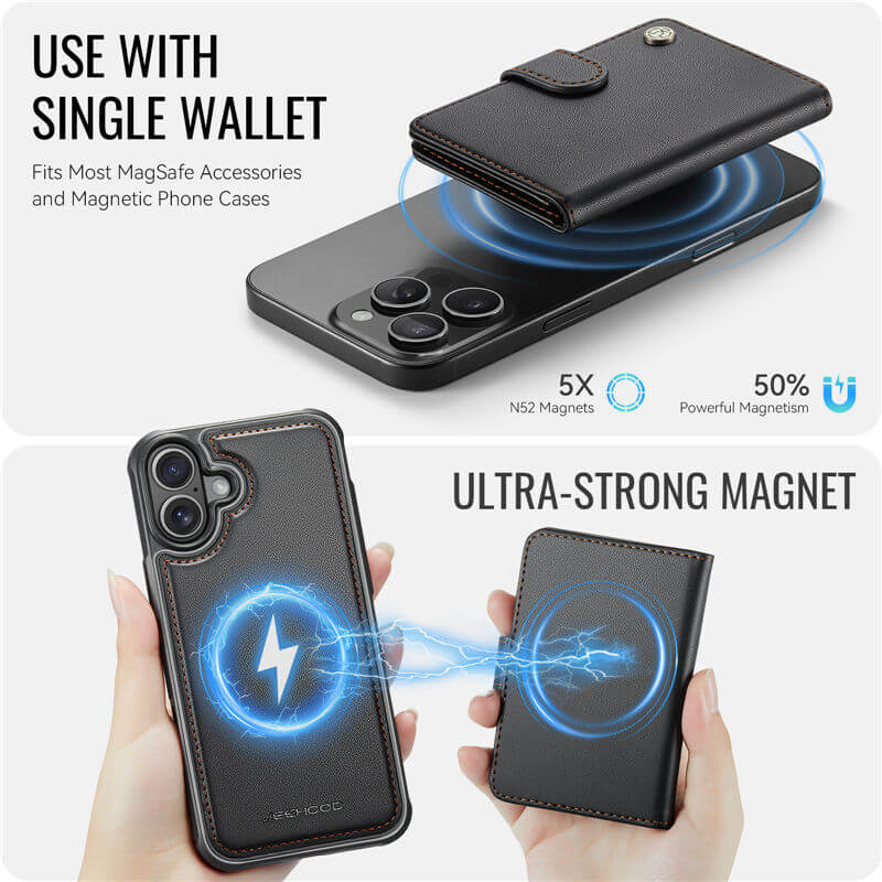 JEEHOOD iPhone 16 Plus 2-in-1 Magnetic Wallet Case