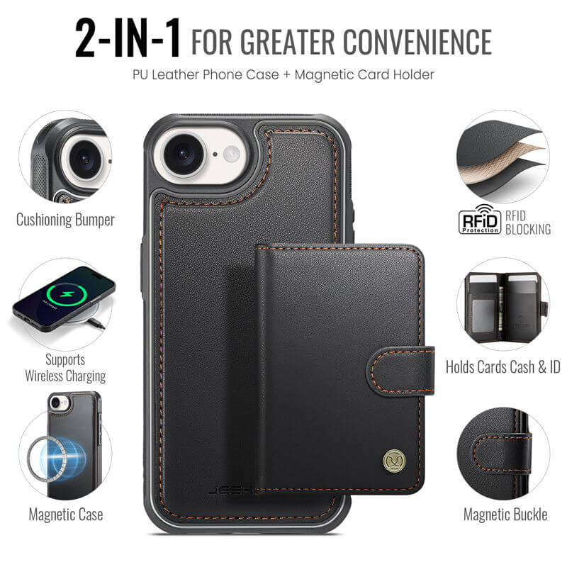 JEEHOOD iPhone 16e 2-in-1 Magnetic Wallet Case