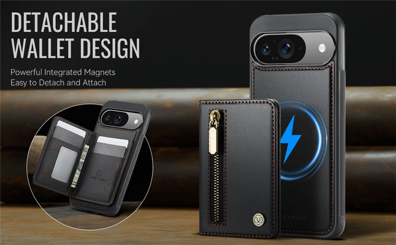 JEEHOOD Google Pixel 9/Pixel 9 Pro Detachable Magnetic Zipper Wallet Case