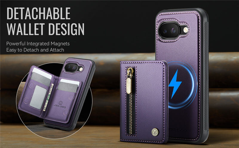JEEHOOD Google Pixel 9A Detachable Magnetic Zipper Wallet Case