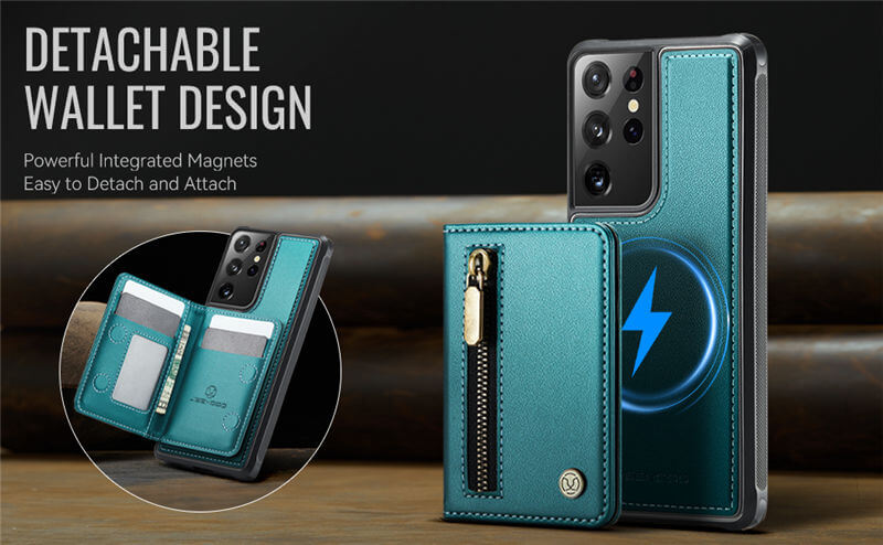 JEEHOOD Samsung Galaxy S21 Ultra Detachable Magnetic Zipper Wallet Case