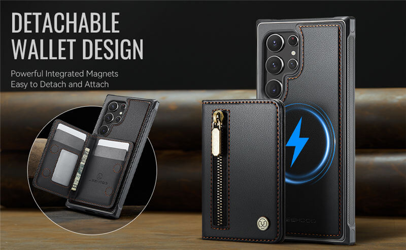JEEHOOD Samsung Galaxy S22 Ultra Detachable Magnetic Zipper Wallet Case
