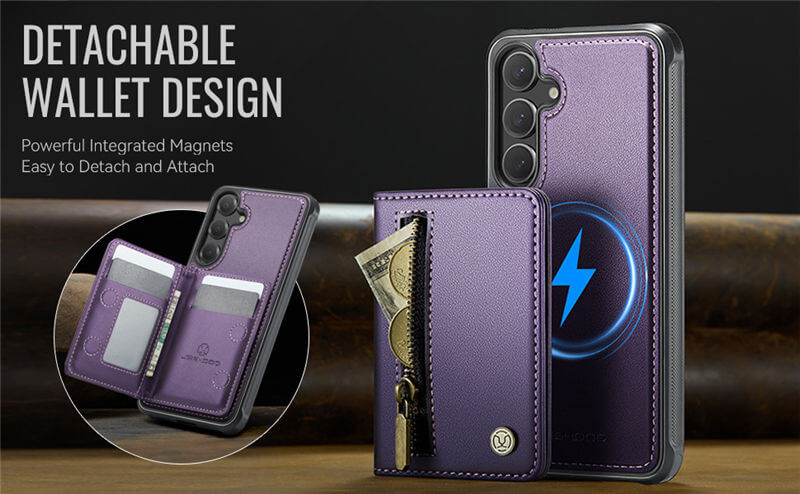 JEEHOOD Samsung Galaxy S25 Plus Detachable Magnetic Zipper Wallet Case