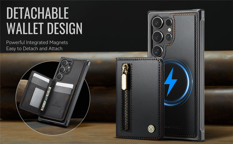 JEEHOOD Samsung Galaxy S24 Ultra Detachable Magnetic Zipper Wallet Case
