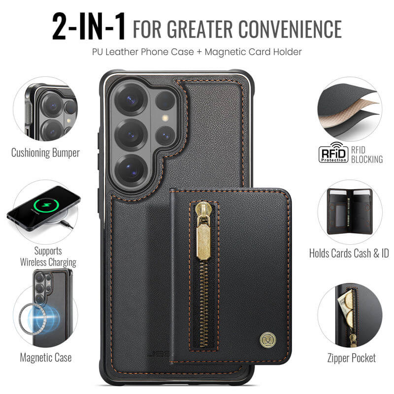 JEEHOOD Samsung Galaxy S26 Ultra Detachable Magnetic Zipper Wallet Case