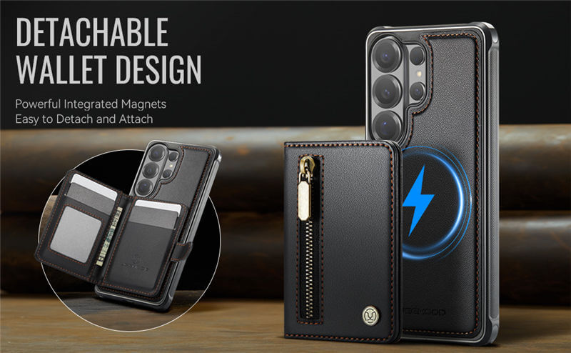 JEEHOOD Samsung Galaxy S26 Ultra Detachable Magnetic Zipper Wallet Case