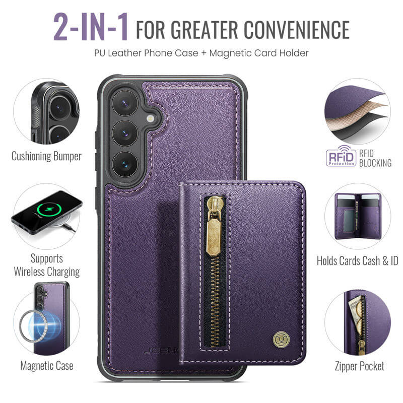 JEEHOOD Samsung Galaxy S26 Plus Detachable Magnetic Zipper Wallet Case with RFID Blocking
