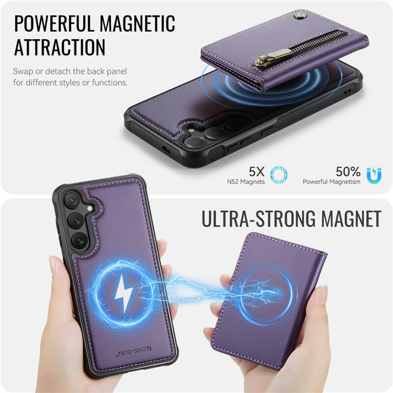 JEEHOOD Samsung Galaxy S26 Detachable Magnetic Zipper Wallet Case