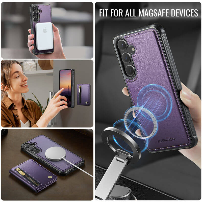 JEEHOOD Samsung Galaxy S26 Plus Detachable Magnetic Zipper Wallet Case with RFID Blocking