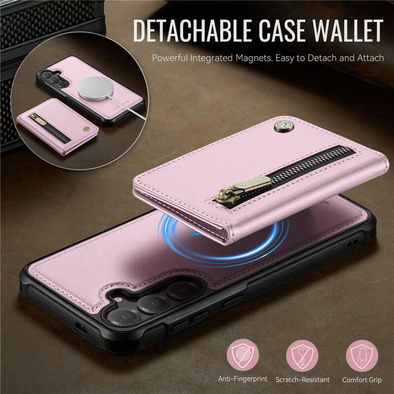 JEEHOOD Samsung Galaxy S26 Plus Detachable Magnetic Zipper Wallet Case with RFID Blocking