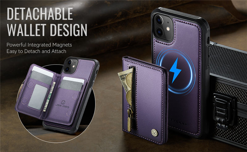 JEEHOOD iPhone 11 Detachable Magnetic Zipper Wallet Case