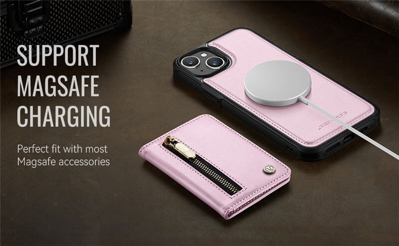 JEEHOOD iPhone 14 Plus Detachable Magnetic Zipper Wallet Case