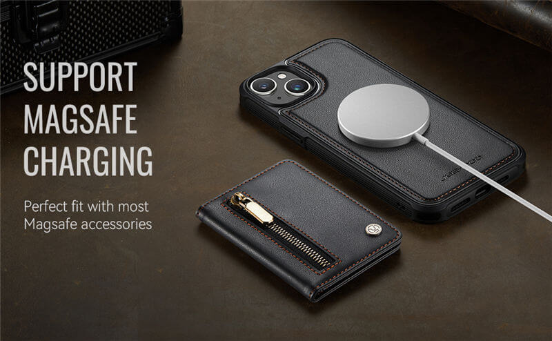 JEEHOOD iPhone 15 Plus Detachable Magnetic Zipper Wallet Case