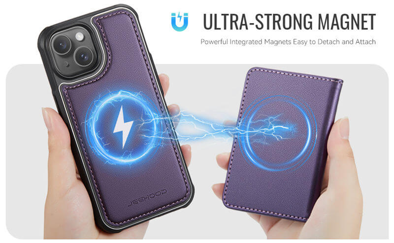 JEEHOOD iPhone 15 Plus Detachable Magnetic Zipper Wallet Case