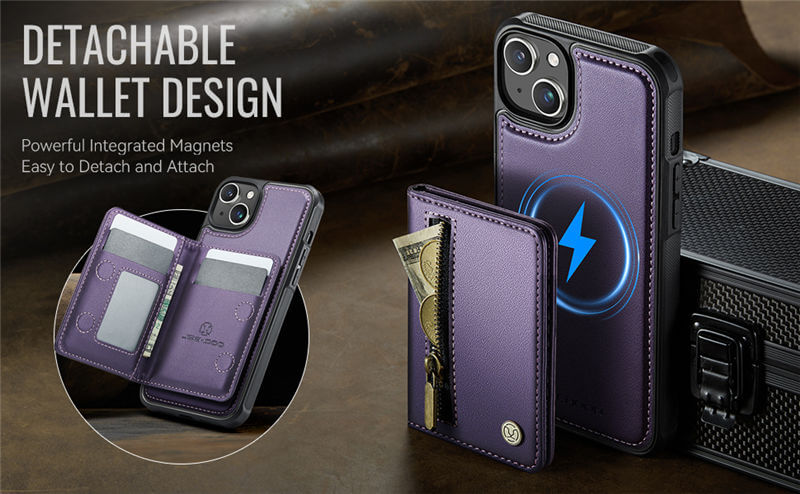 JEEHOOD iPhone 14 Plus Detachable Magnetic Zipper Wallet Case