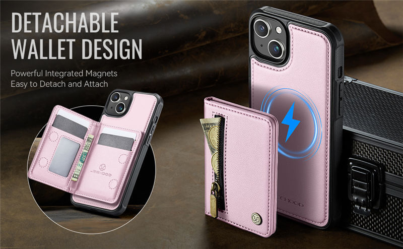 JEEHOOD iPhone 13 Detachable Magnetic Zipper Wallet Case